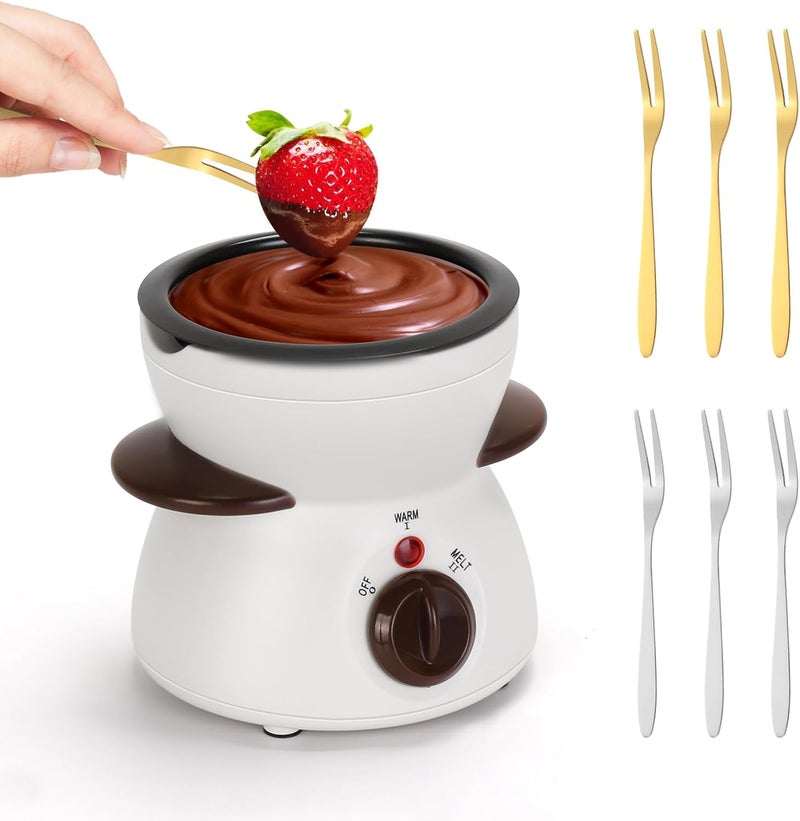 VAlinks Mini Chocolate Fondue Pot Electric Chocolate Melting Pot with 6pcs Artistic Forks Perfect for Children's Party Christmas Gifts (White) - Image 1